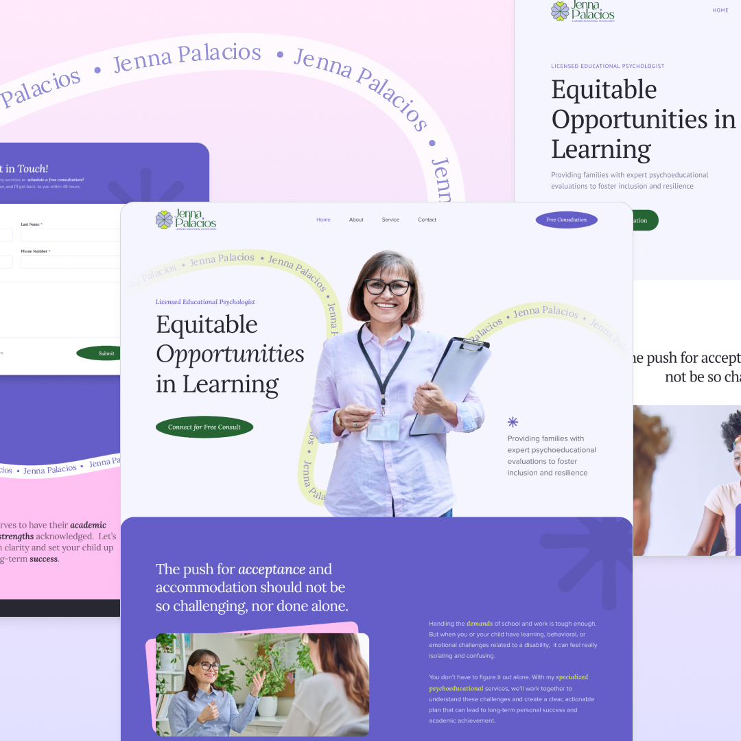 Design As A Subscription 19 A website mockup with a header reading Equitable Opportunities in Learning features a smiling woman holding a clipboard. The design includes circular name patterns and sections highlighting unlimited graphic design options, contact details, and consultation services.