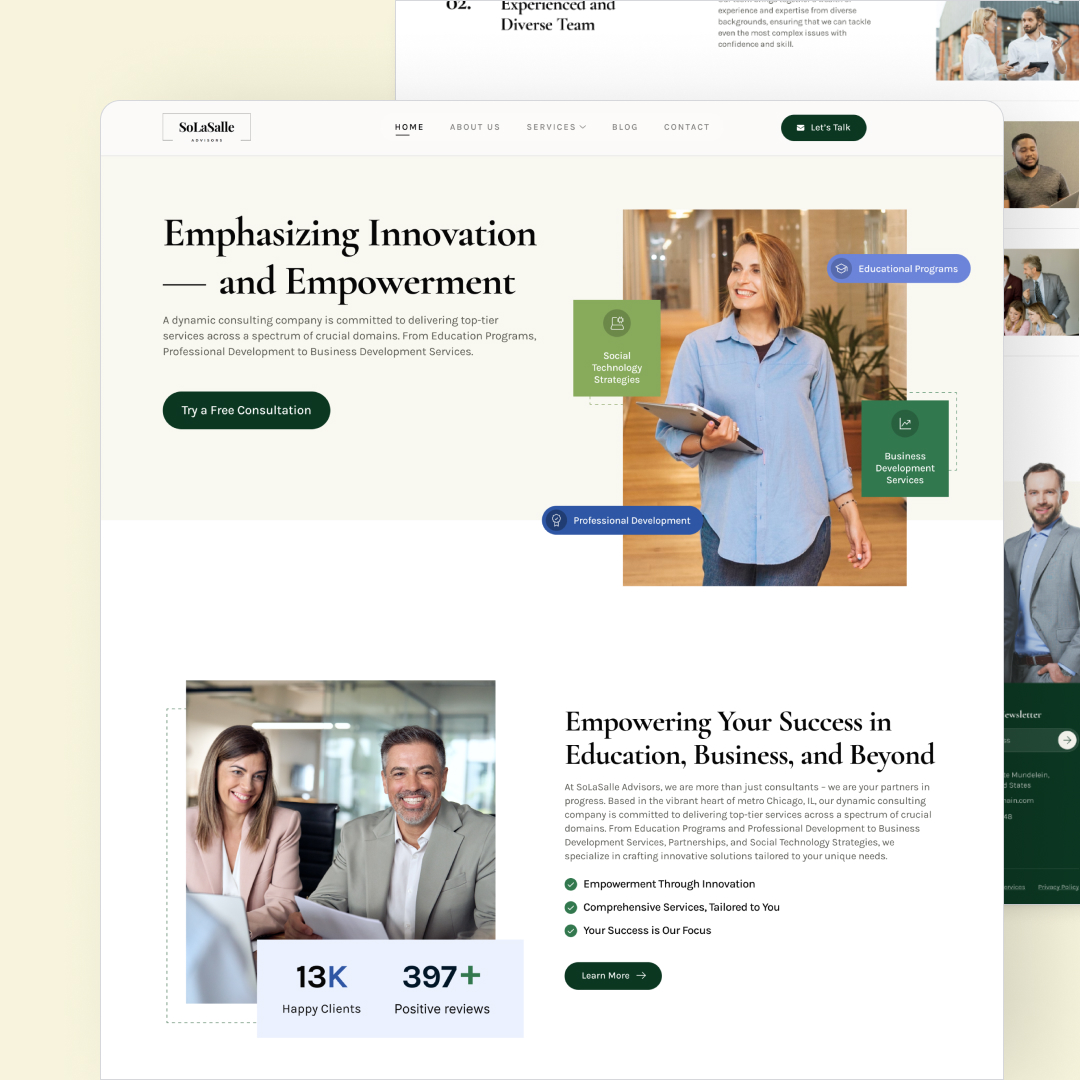 Design As A Subscription 23 The screenshot of a consulting agencys website showcases a sleek design with the agencys logo and navigation menu. The main section, emphasizing innovation and empowerment, features a smiling individual. Impressive stats like 13K Happy Clients underscore their success in unlimited graphic design solutions.