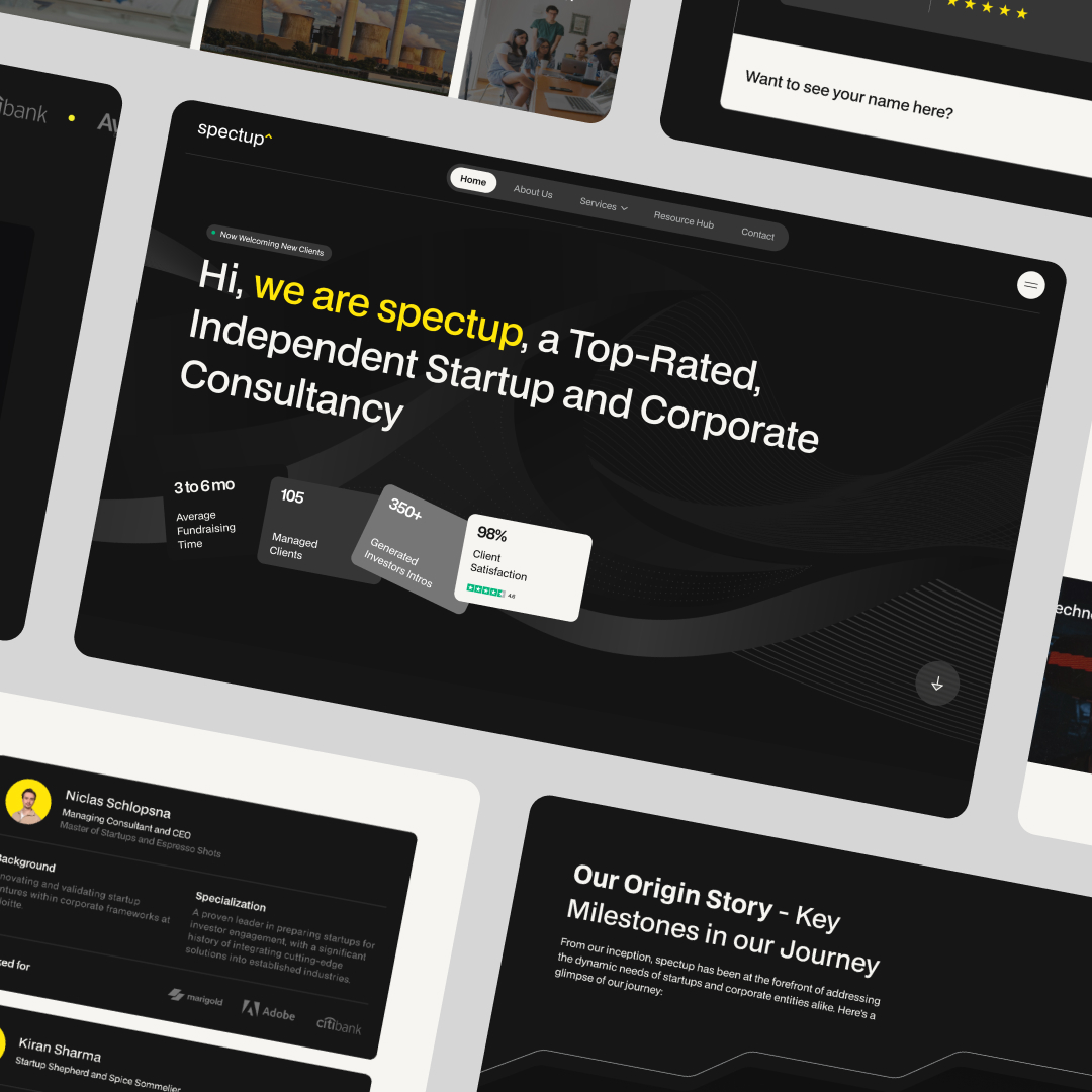 Design As A Subscription 11 A digital collage showcases a websites dark-themed homepage, highlighting a consultancys top-rated services and unlimited graphic design options. Featuring metrics like 98% client satisfaction, it includes sections on team members and company milestones.