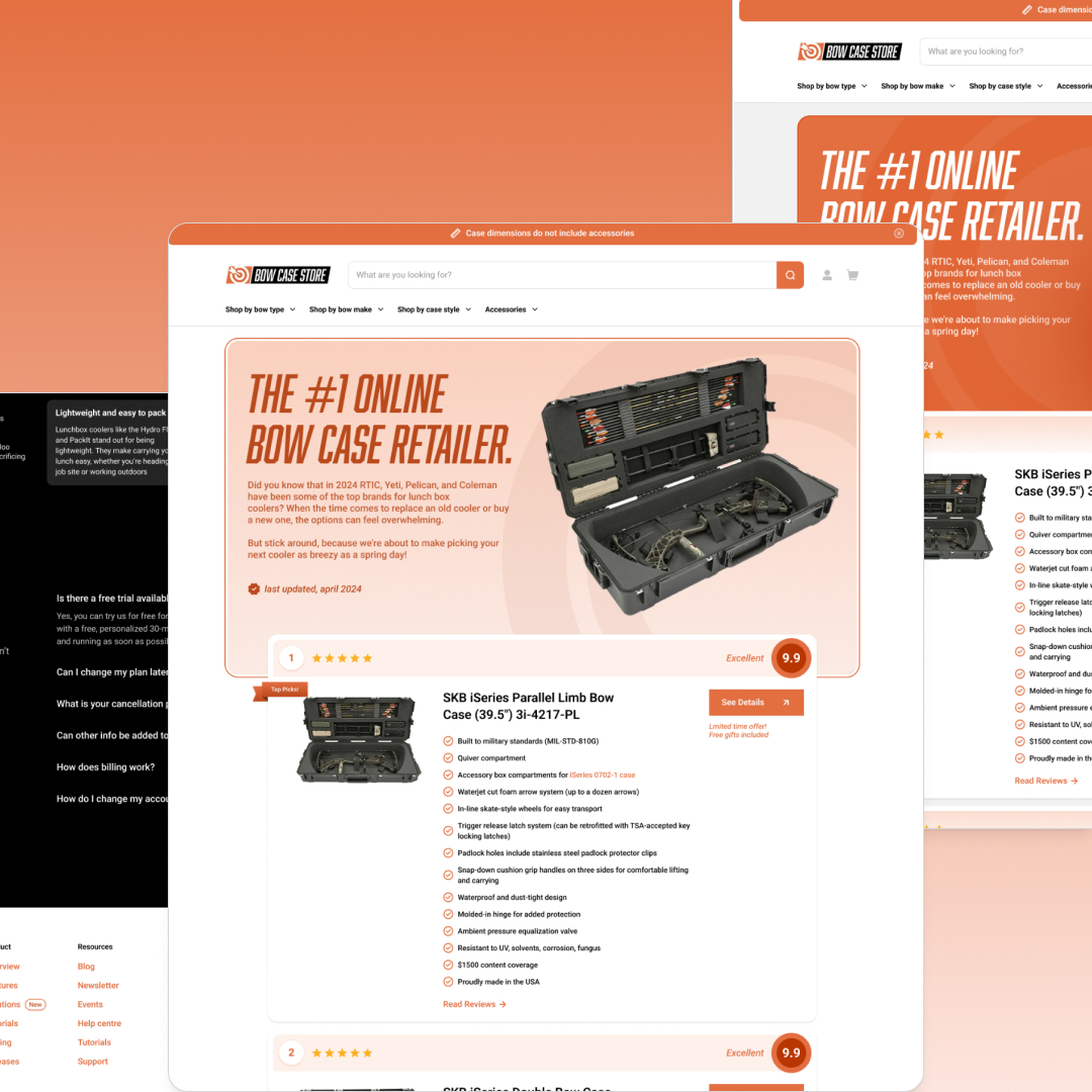 Design As A Subscription 12 A webpage showcasing an online bow case retailer prominently features a header proclaiming The #1 Online Bow Case Retailer and includes an SKB Series Parallel-Limb Bow Case with image, price, ratings, and purchase button. Explore our design subscription for unlimited graphic design enhancements.