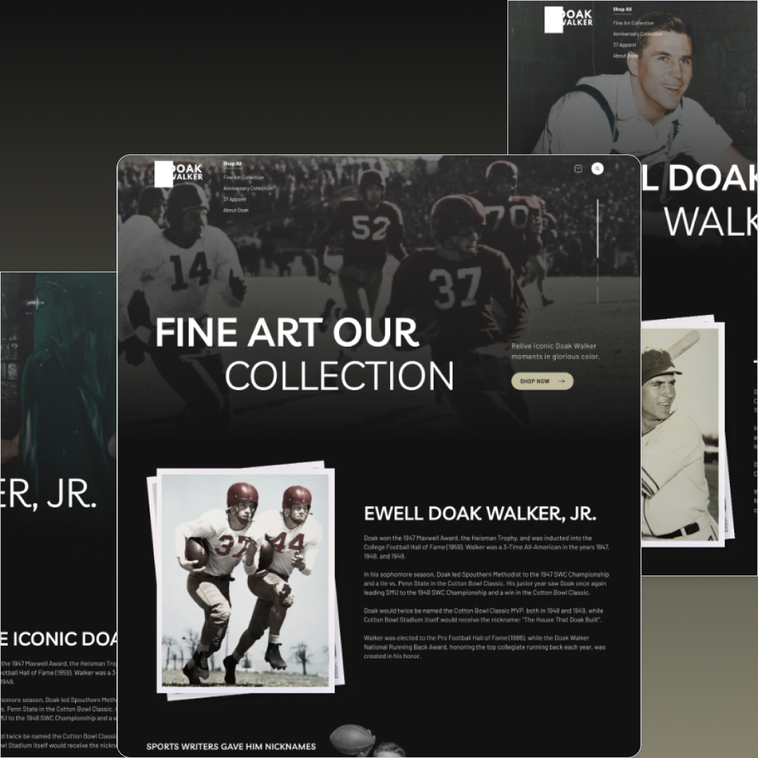 Design As A Subscription 4 A digital display showcasing a collection of fine art centered around Ewell Doak Walker, Jr. features a blend of vintage football images and career text. Subscribers to our unlimited graphic design service can access exclusive sports designs and curated content.