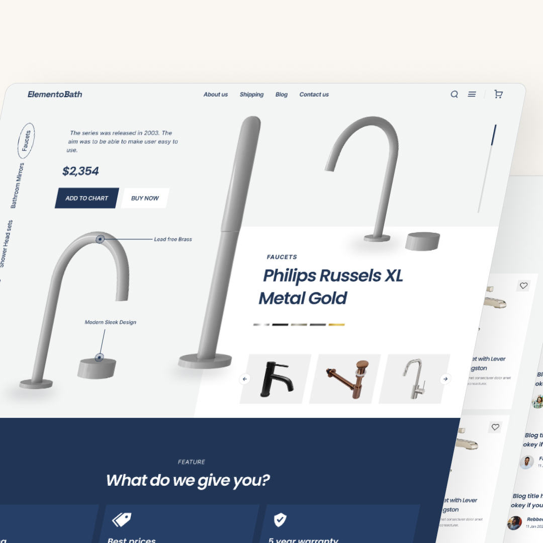 Design As A Subscription 20 A website layout showcasing a modern faucet design, featuring the Philips Russels XL Metal Gold. Explore pricing, product details, and menu options for shipping, about us, and shop. Enjoy unlimited graphic design insights with our highlighted features.