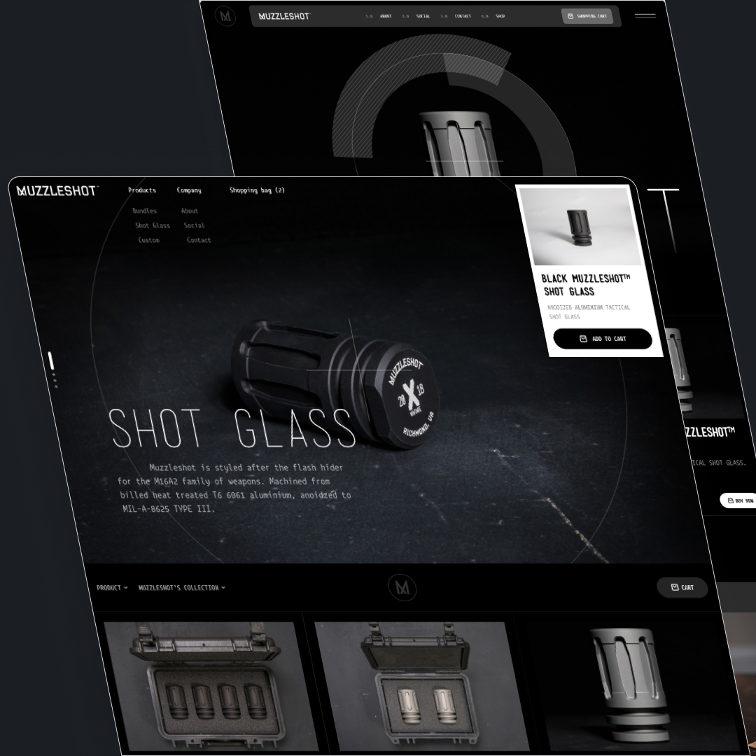 Design As A Subscription 14 A website showcasing Muzzleshot shot glasses styled after flash hiders for the M16A2, featuring product images with a dark background and sleek design elements. Consider adding our design subscription service for unlimited graphic design updates to keep your collection fresh.
