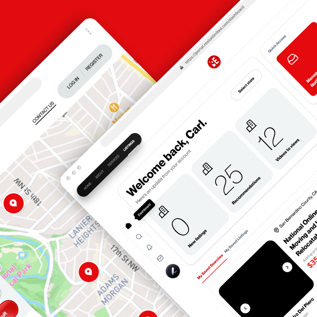Design As A Subscription 27 A split-screen image showcases a sleek web interface. The left side highlights a map peppered with red location markers, while the right side presents a welcome message alongside an analytics dashboard. Ideal for users with unlimited graphic design needs, it tracks new listings, recommendations, and views to date.