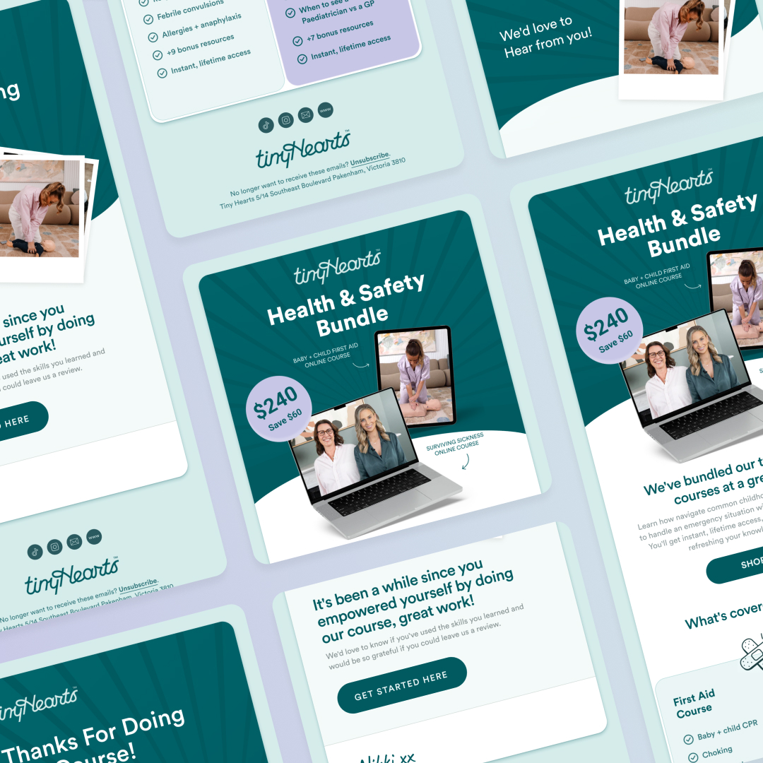 Design As A Subscription 10 A set of eight cards promotes the tinyHearts Health & Safety Bundle, highlighting its value with images of people and a laptop showcasing online courses. With teal backgrounds and bold text, its an offer as flexible as an unlimited graphic design subscription.