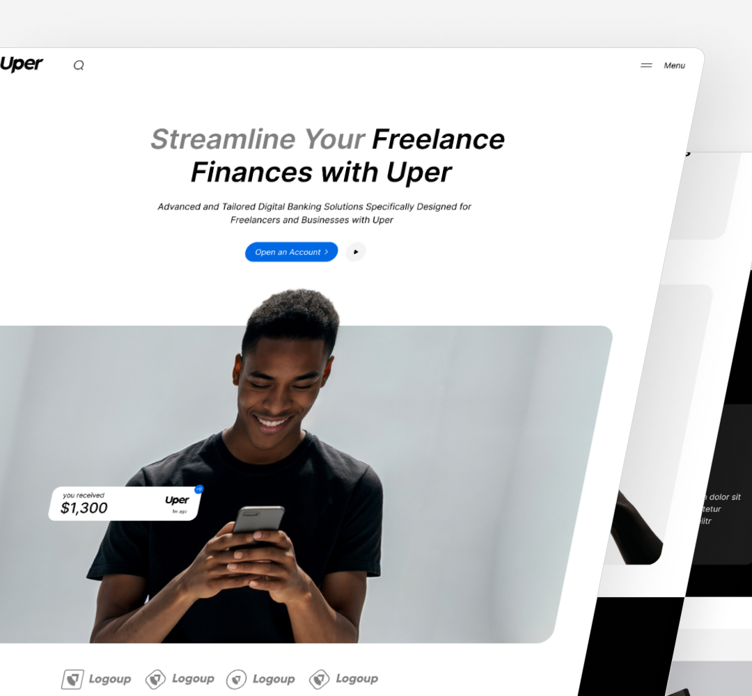 Design As A Subscription 18 A website interface for Uper, promoting financial services for freelancers. It features a smiling person holding a phone, with text about streamlining freelance finances with unlimited graphic design support. Shows a bank balance notification of $1,300.
