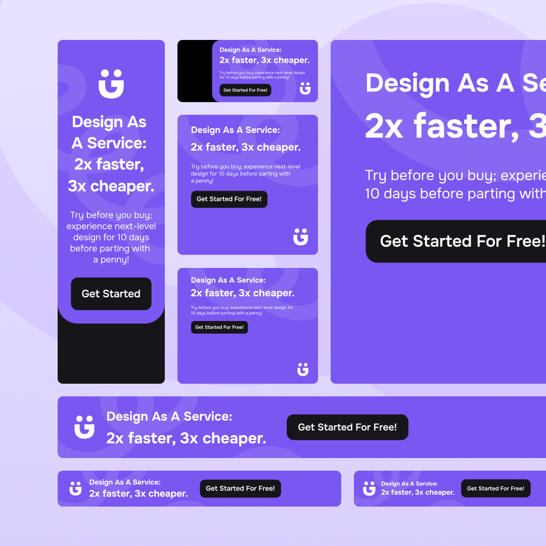 Design As A Subscription 5 Various purple and blue buttons and banners showcase our service with the slogan, Design As A Service: 2x faster, 3x cheaper. Prompts like Get Started emphasize our unlimited graphic design subscription. Explore logos and a smiley face icon to get started for free today!.