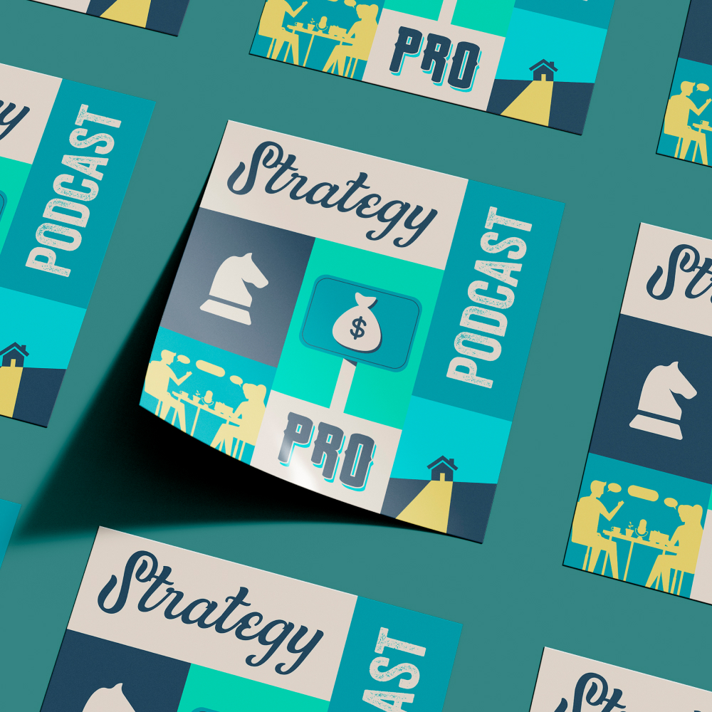 Design As A Subscription 2 Blue and teal patterned image showcasing Strategy, Podcast, and Pro. With chess pieces and a money bag, it hints at planning and finance. Perfect for those seeking expertise through unlimited graphic design services or a design subscription.